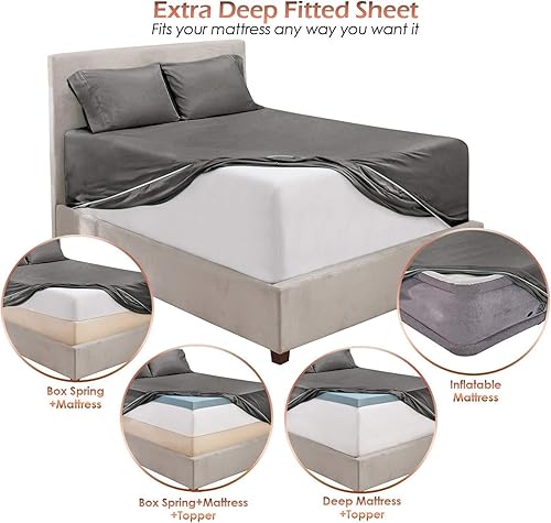 Miniatura 4 de Juego de sábanas tamaño matrimonial XL, juego de 4 piezas, sábanas suaves de 100% algodón de 800 hilos, bolsillos profundos de 15 pulgadas,