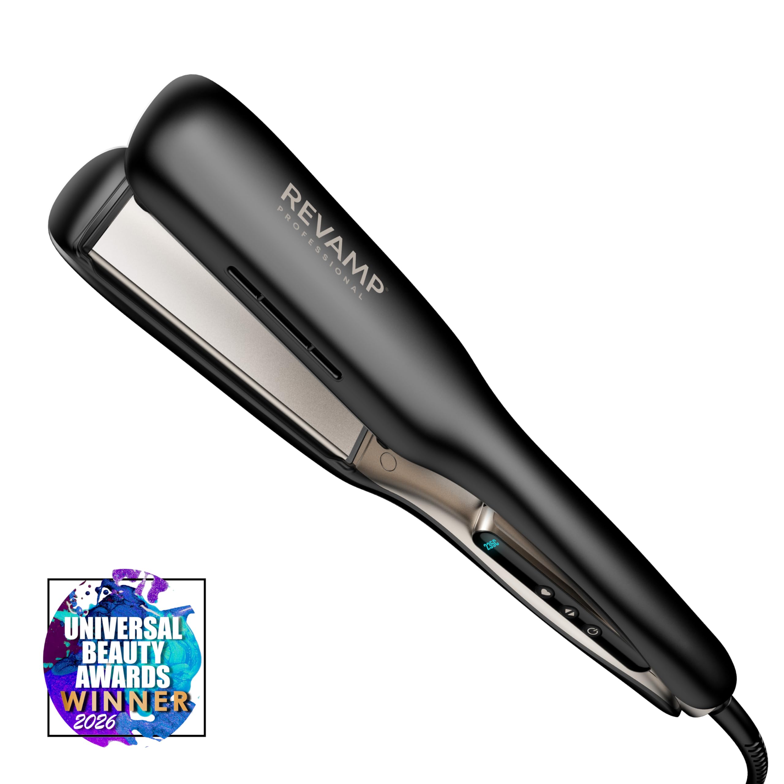 REVAMP Enigma Radiance Plancha de Pelo - Placas Extra Anchas | Alisado en una Pasada, Diseño Curvo, Ondas y Rizos Duraderos, Cerámica, Profesional