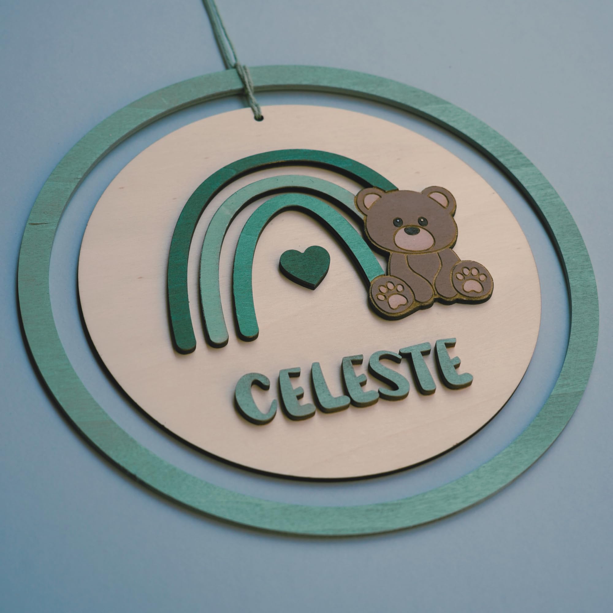 Decorazione Personalizzata da Parete per Bambini, Orsetto con Arcobaleno, Targa in Legno per Cameretta, Regalo Nascita e Battesimo, Fiocco nascita fatto a Mano