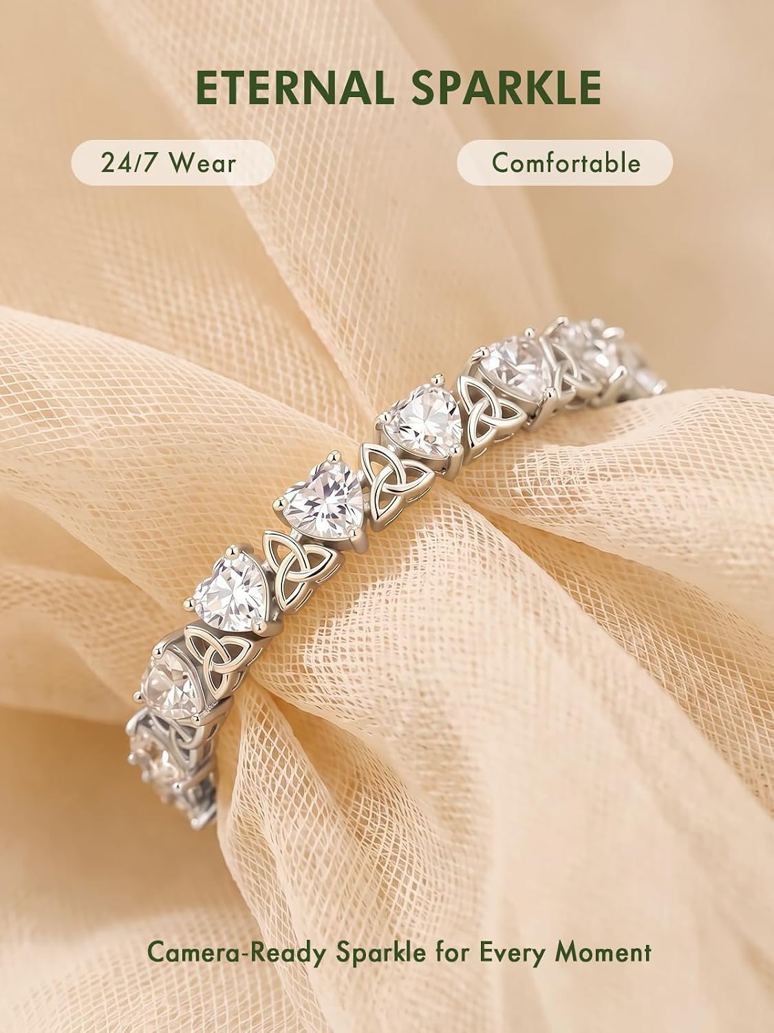 Moissanite Tennis Bracelet for Women, 925 Sterling Silver Heart Shaped Moissanite, Celtic Trinity Knot, Adjustable 6-8 Inches, Anniversary Birthday Gifts