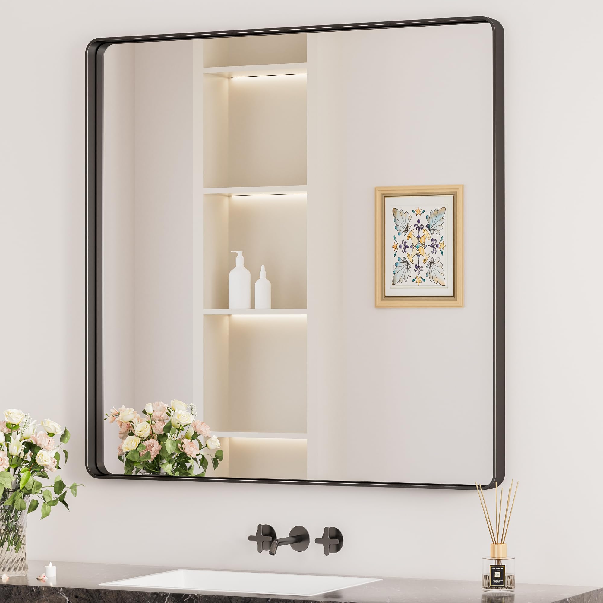 Keonjinn Black Rectangular Bathroom Mirror 90x90cm, Wall Mirror Aluminium Metal Frame HD Glass Vanity Mirror for Bedroom Living Room Entryway Home Decor — image 1