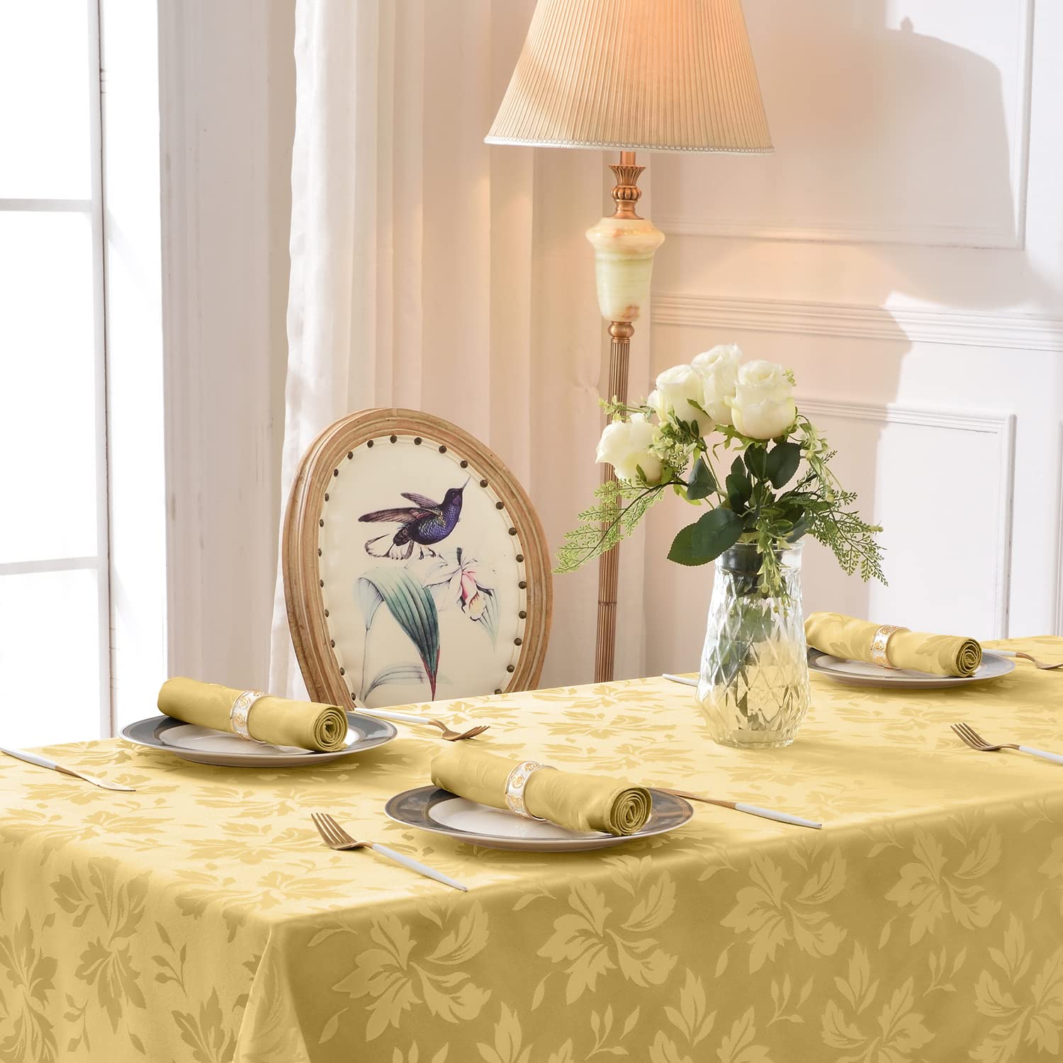 Tovaglia Rettangolare Di Lusso Loom And Mill 152x305 Cm | Damascata Floreale Beige Con Nappe, Impermeabile Per Tavolo Da Pranzo E Banchetti, 10-12 Posti - 2