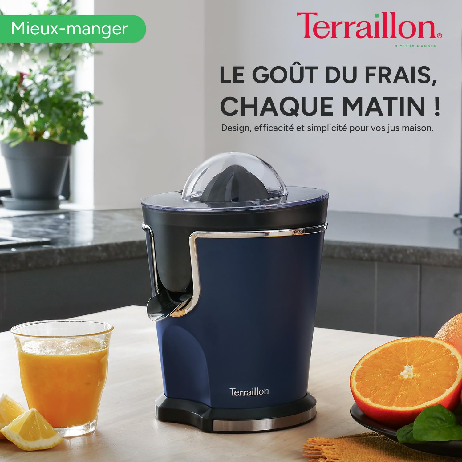 TERRAILLON - NEW MOON - Presse agrumes électronique - 160 W, Vitesses variables, Filtre et bec verseur en Inox, Réservoir 300 ml, 2 Cônes pour différents agrumes, Corps Inox peint, Bleu