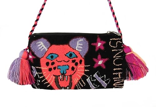 Wayuu tapestry animal print clutch handmade by indigenous from Colombia punch needle crochet (Tiguer with strap)