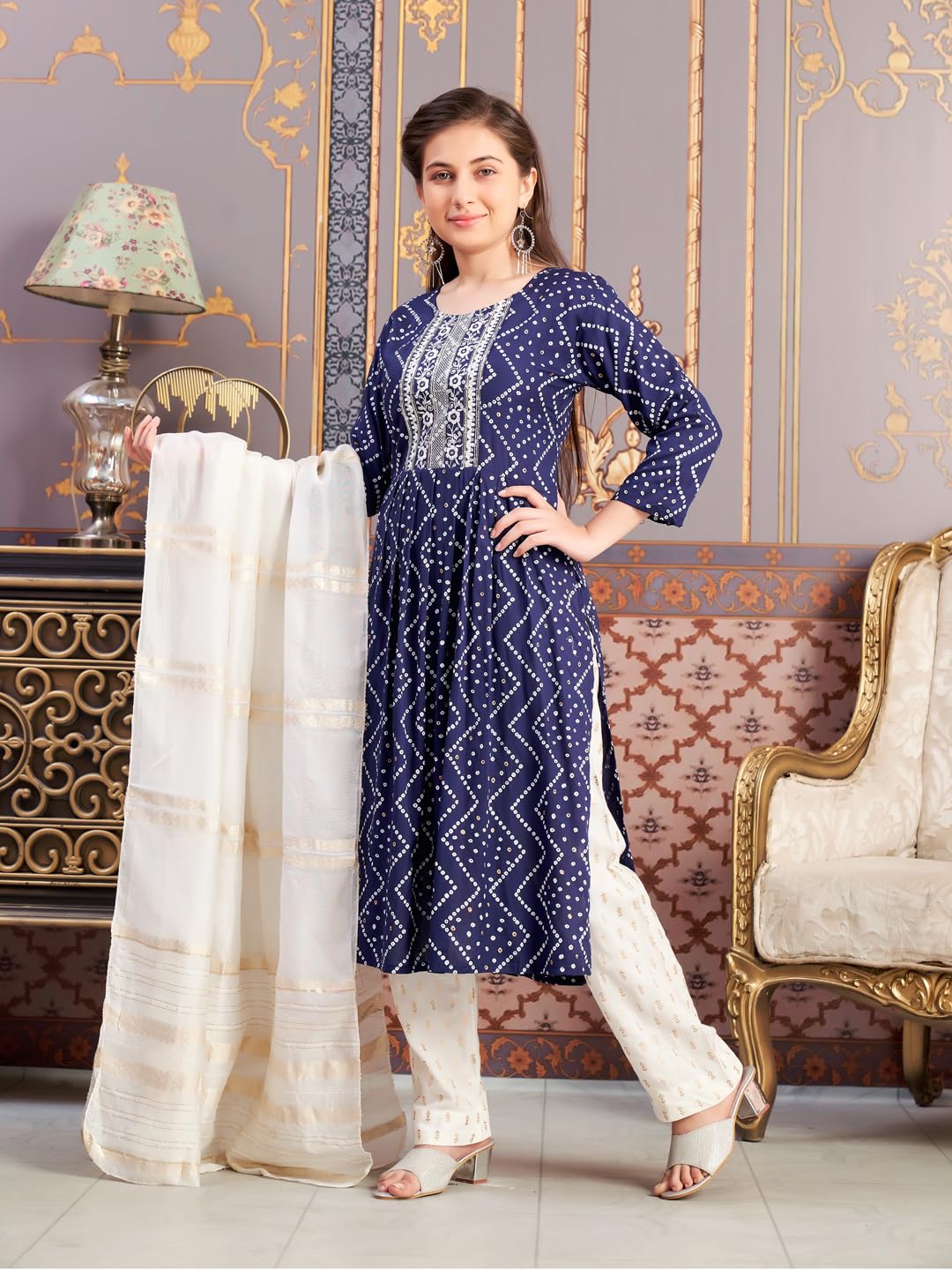 Aarika Girls Ethnic Wear Navy Blue Colour Bandhani Print Embroidey Rayon Kurti-8-15 Years (Kurti-Tr-242)