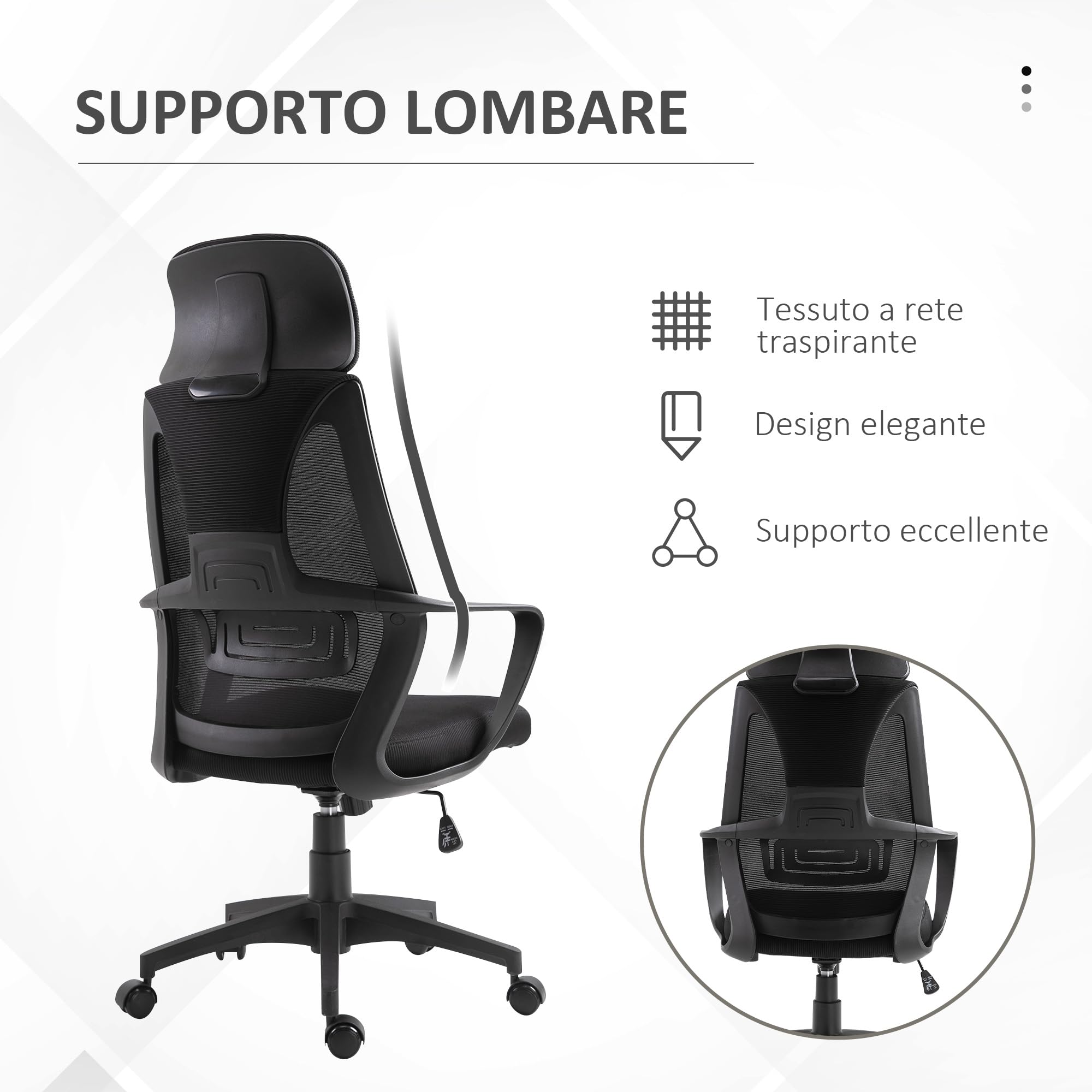 Vinsetto Sedia da Ufficio Ergonomica con Poggiatesta Regolabile Nero | Braccioli, Sedia Scrivania Girevole, Supporto Lombare, Altezza Regolabile, Funzione Dondolo, Tessuto, per Studio
