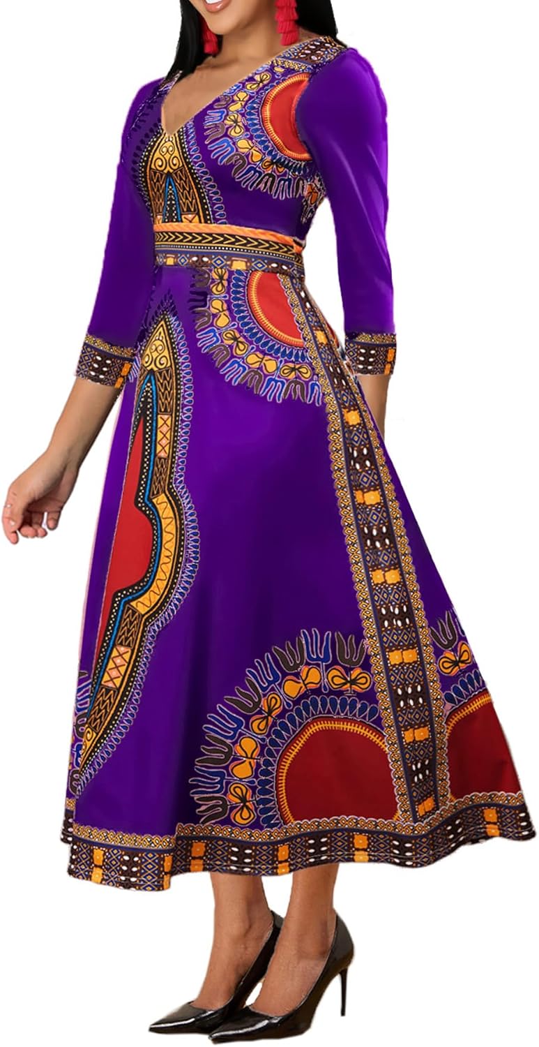 African Dresses for Women Elegant V Neck 3/4 Sleeve Casual Long Maxi African Attire Dress - Image 2