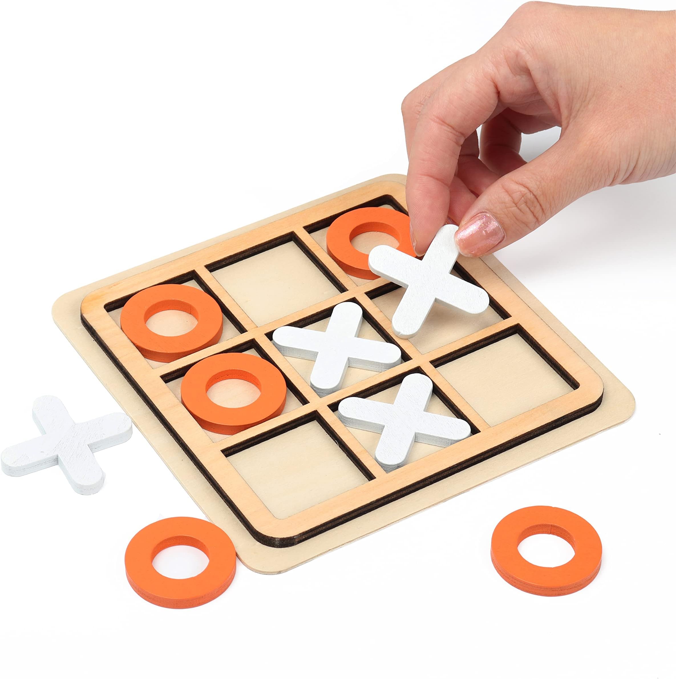 Tic-Tac-Toe Game Toy, Classic Wooden Checkerboard Educational Family Game Toys Set, Portable Casual Tabletop Game for Adults and Kids, Party Classroom Games (White and Orange)