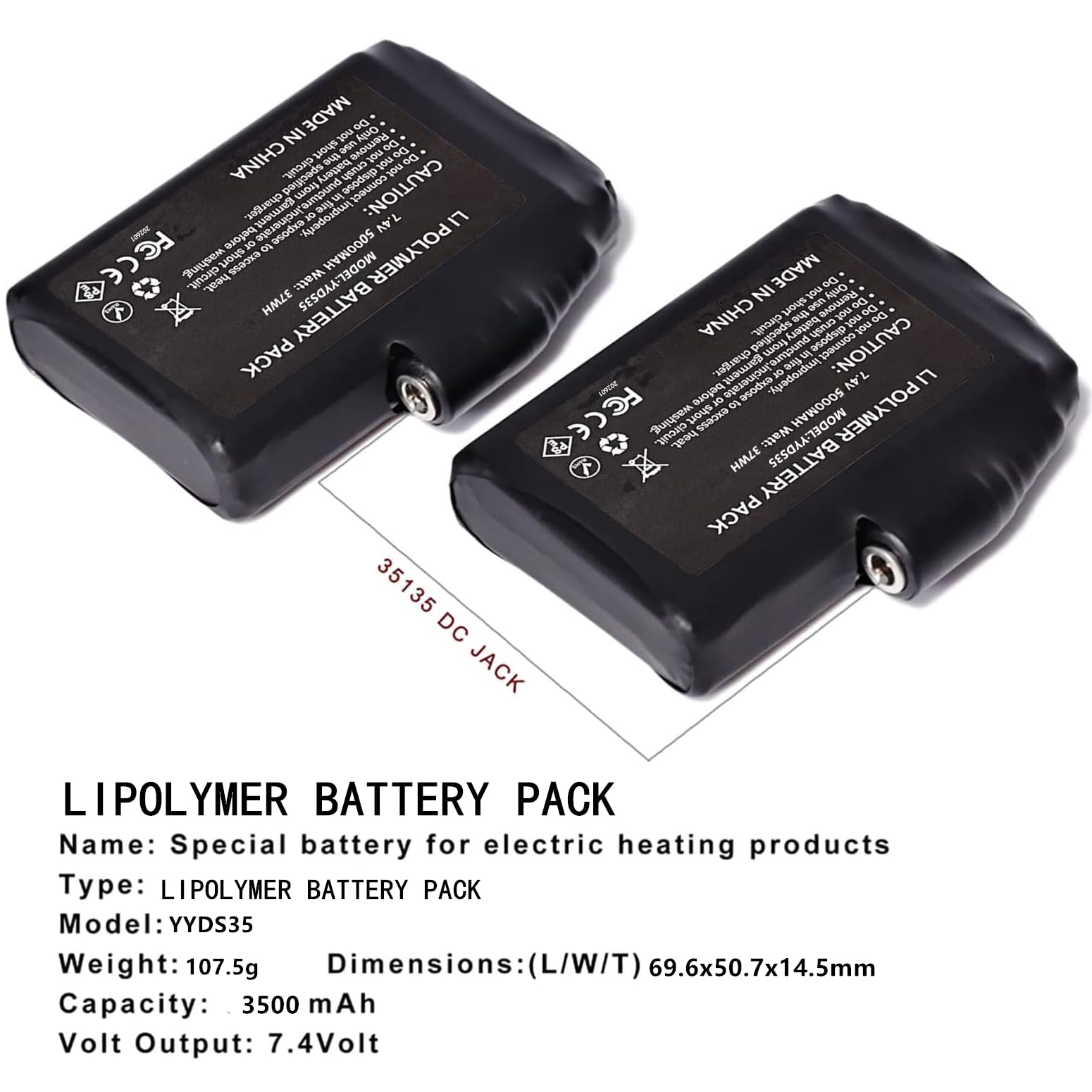 Batterie ricaricabili ai polimeri di litio da 7,4 V, 2200 mAh/3500 mAh/5000 mAh, per guanti riscaldati a batteria, guanti e calzini riscaldati (3500 mAh)