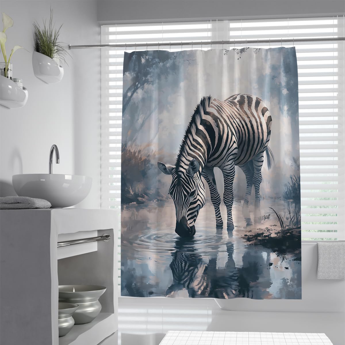 Uiringart Shower Curtains Watercolour Zebra Bathroom Curtains W180xl200cm Misty Forest Stream Drinking Water Painting Water-Repellent Machine Washable Polyester Fabric Bath Shower Curtain For Wet Room With Hooks