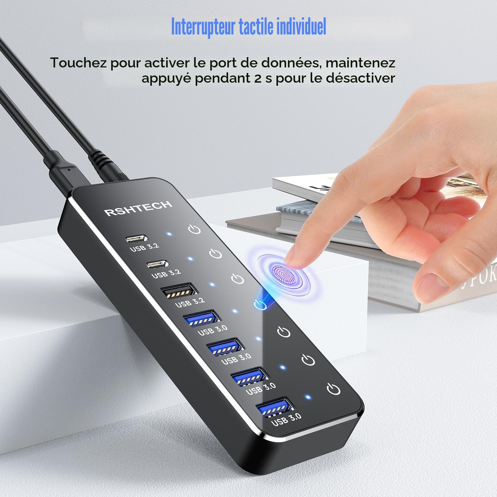 Hub USB Alimenté, RSHTECH Hub USB 3.2/USB C à 7 Ports avec 3*10Gbps Data Port (USB-A, 2*USB-C), 4*5Gbps USB 3.0 Ports, Touch Switch, 2-in-1 Data Cable (100cm), Adaptateur Alimentation 5V, RSH-ST07C