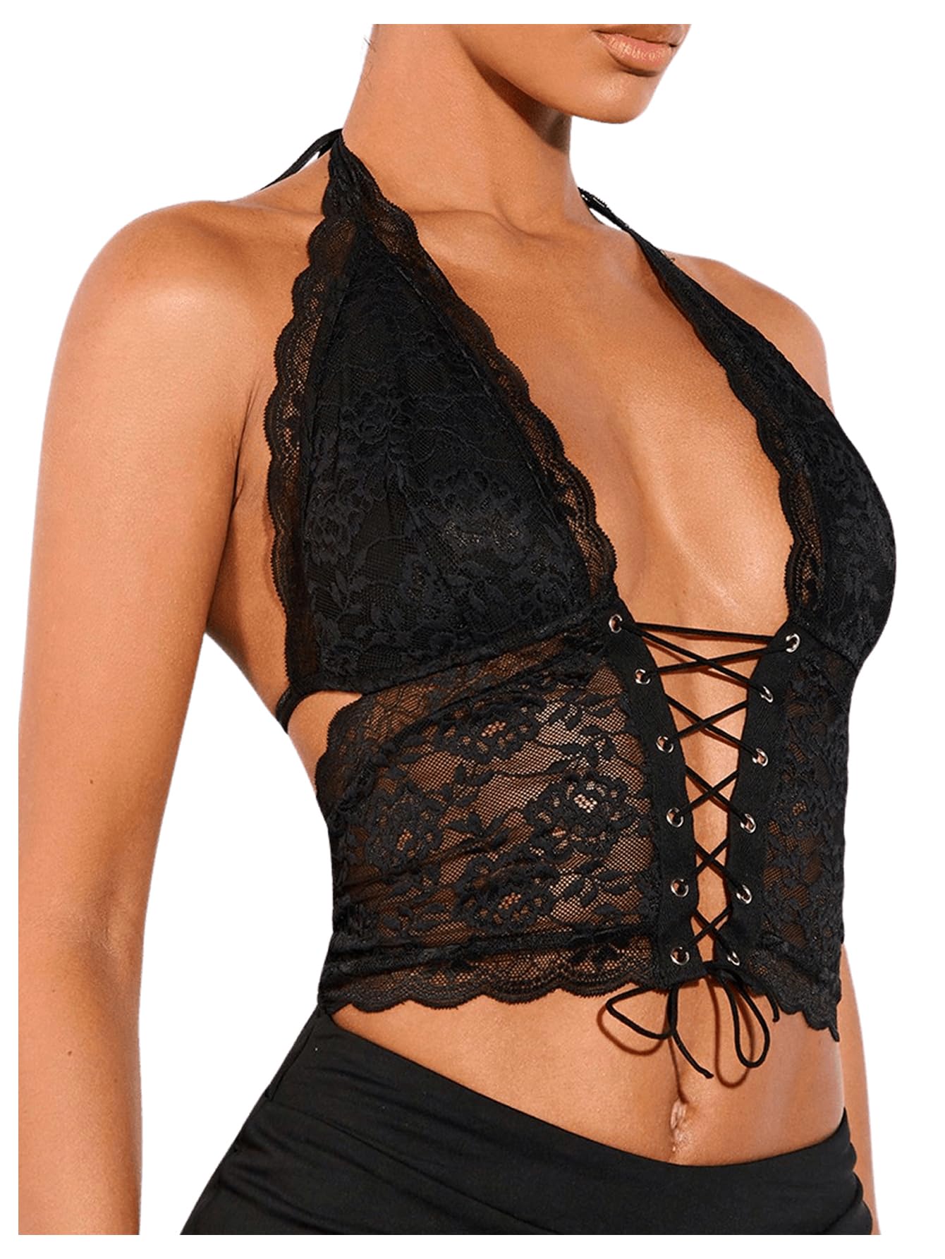 SOLY HUX Womens Sexy Lace Sheer Corset Top Halter Neck Tie Up Backless Crop Tops Party Rave Outfits