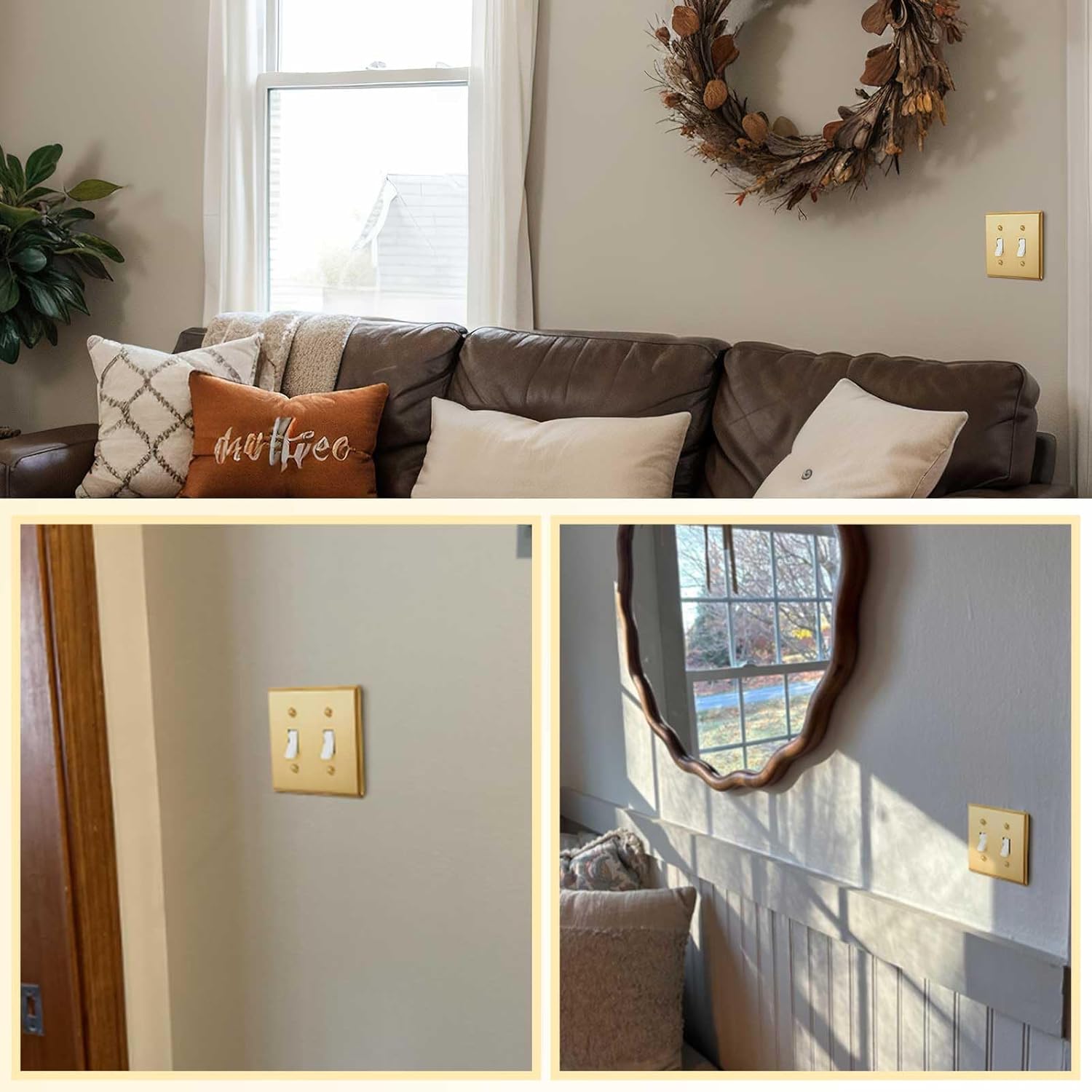 Zonon 4 Pack Gold Outlet Covers 4.63 x 4.63, Double Toggle Switch Light Covers Brass Metal Brushed Decorative Gold Receptacle Wall Plate Corrosion Resistant, Standard Size, Brushed Brass