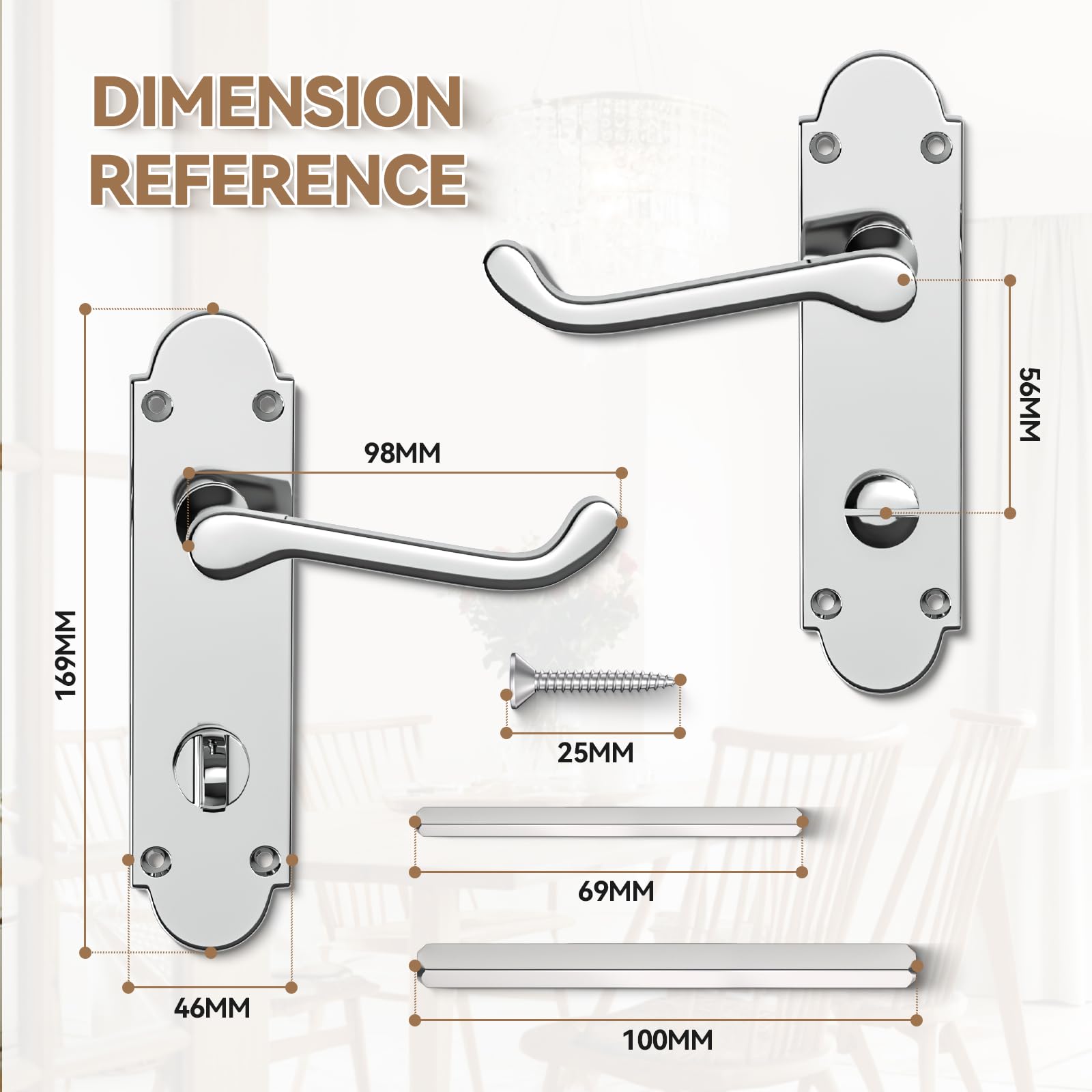Bwintech 3 Sets Polished Chrome Richmond Lever on Plate, Latch Furniture, Backplate Door Handles, with Bathroom knob - Image 2