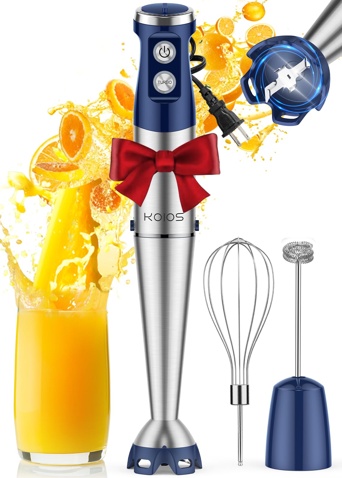 KOIOS Immersion Blender, 1000W Anti-scratch 3-in-1 Hand Blender, Upgraded 12 Speed Stainless Steel Blade Stick Blender with Turbo Mode, Whisk and Milk Frother, Non-BPA, Blue