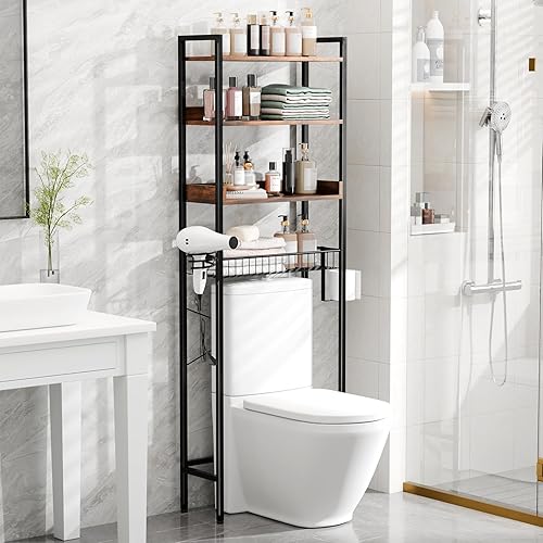 VINGLI Armario de almacenamiento sobre el inodoro Estantes ajustables de 4 niveles con cesta y soporte para secador de pelo Organizador de baño