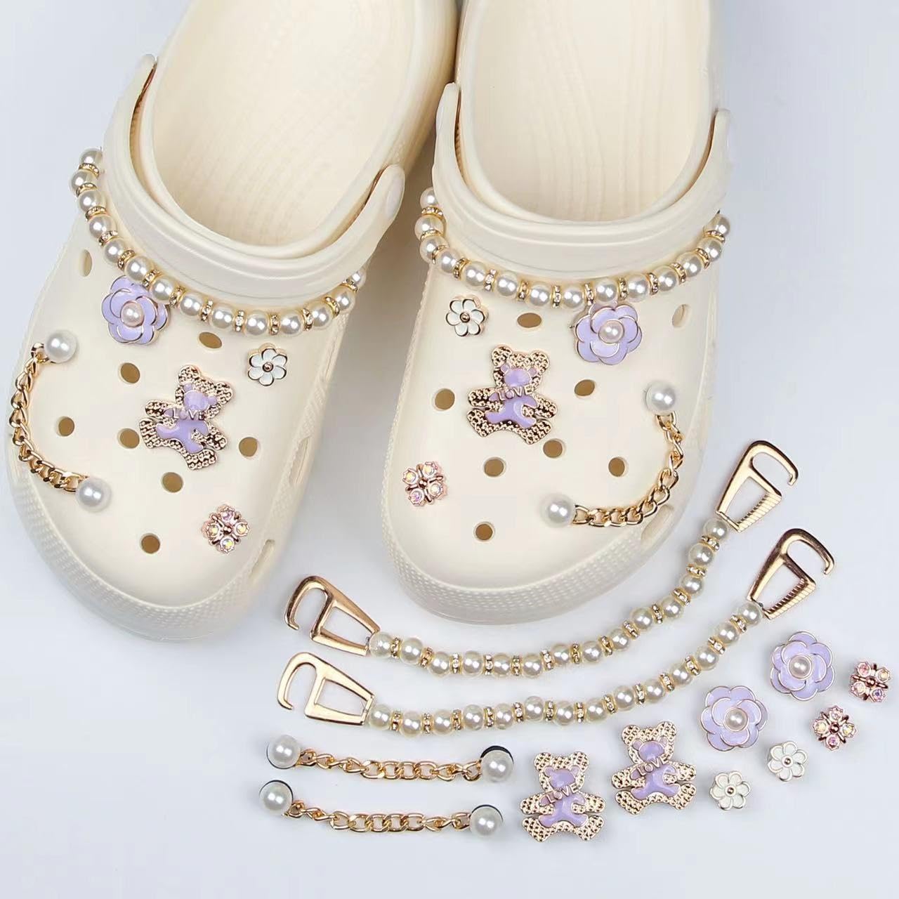 LEMONSTONE Crocs Charms Pins zestaw 12 sztuk, zdejmowane, urocze przypinki do butów z kwiatem, perłą, miś dla dzieci, dziewcząt i kobiet, błyszczące przypinki Croc (fioletowe)