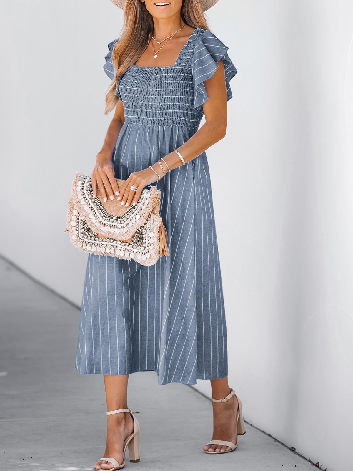 CUPSHE Damen Midi-Sommerkleid mit Karrée-Ausschnitt und Volantärmeln | Das elastische Smock-Oberteil passt sich flexibel an; der weit ausgestellte A-Linien-Rock fällt locker.