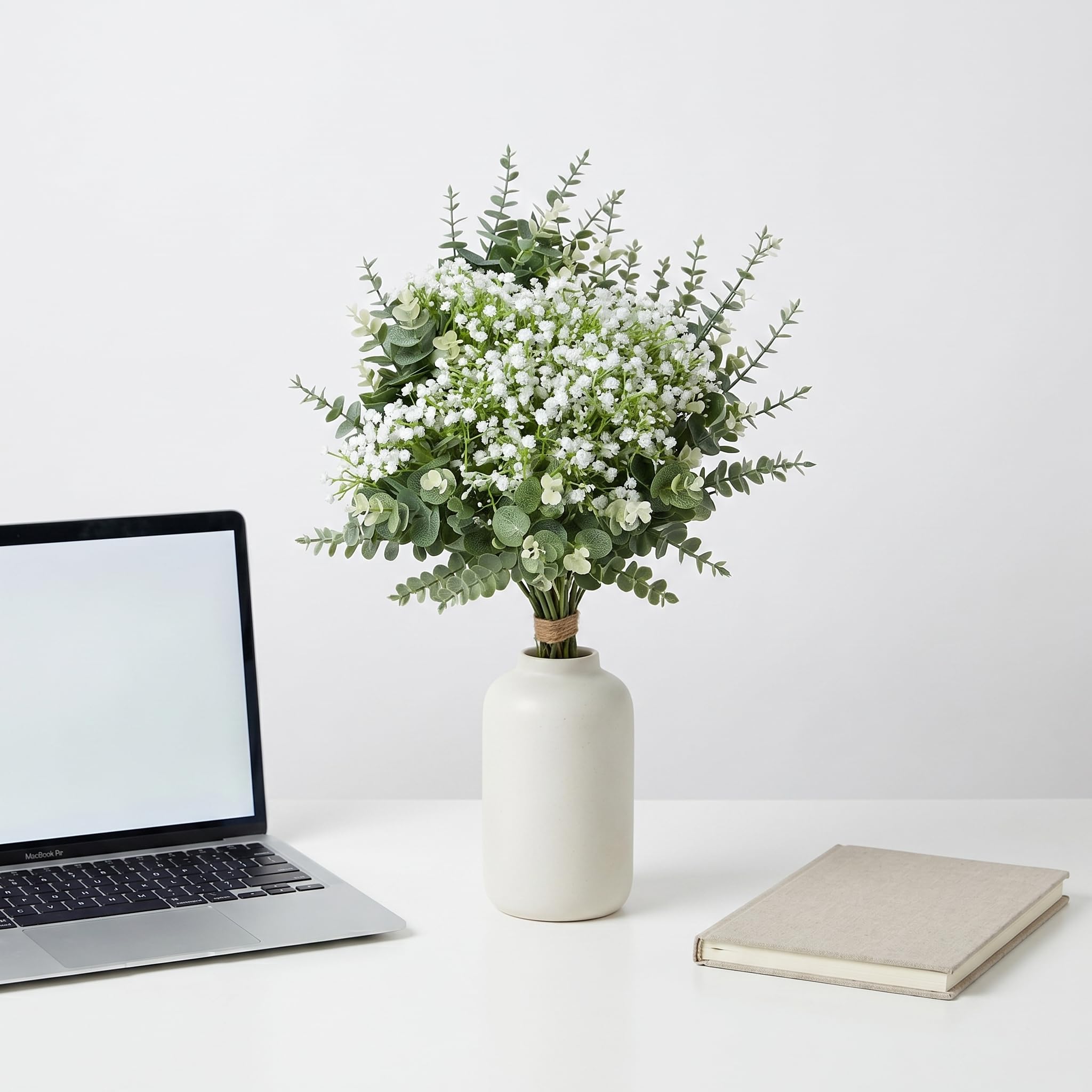 Künstlicher Blumenstrauß mit Schleierkraut und Eukalyptus, Real Touch Kunstpflanzen Deko für Vase, Biegbare Kunstblumen Stiele für DIY Hochzeit Brautstrauß, Heim Tischdekoration, Grün & Weiß