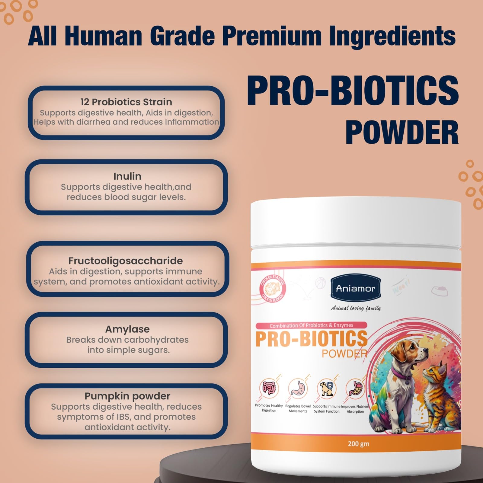 Aniamor Pro-Biotics Powder for Dogs and Cats|Gut Care|Pets Supplement|Probiotic with Enzymes|All Life Stage|200gm Jar 2
