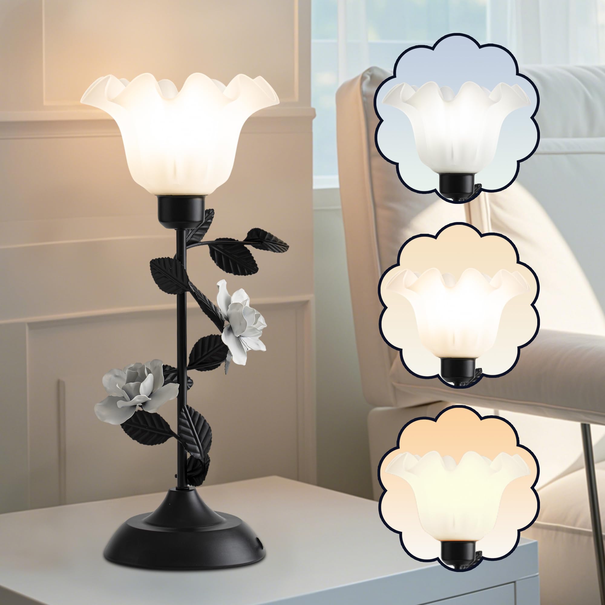 Flower Table Lamp, LED Reading Night Light, 3 Colors Temperature Desk Lamp with LED Bulb, Vintage Bedside Lamps, Aesthetic Home Decor