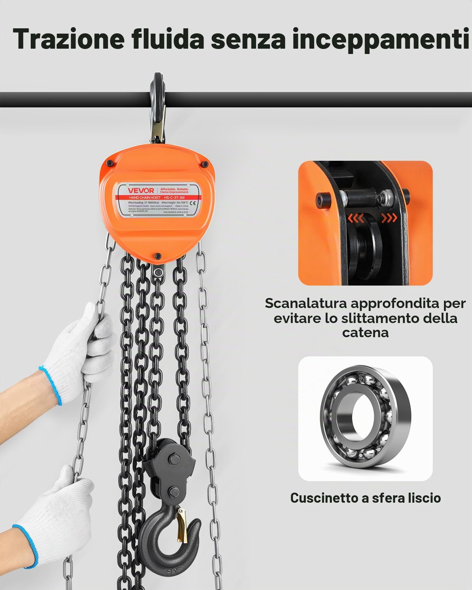 VEVOR Paranco a Catena Manuale, Capacità 3 T, con Catena Zincata G80 di Aggiornamento, Altezza di Sollevamento 3 m, Paranco a Puleggia per Macchinari Automobilistici da Magazzino, Arancione