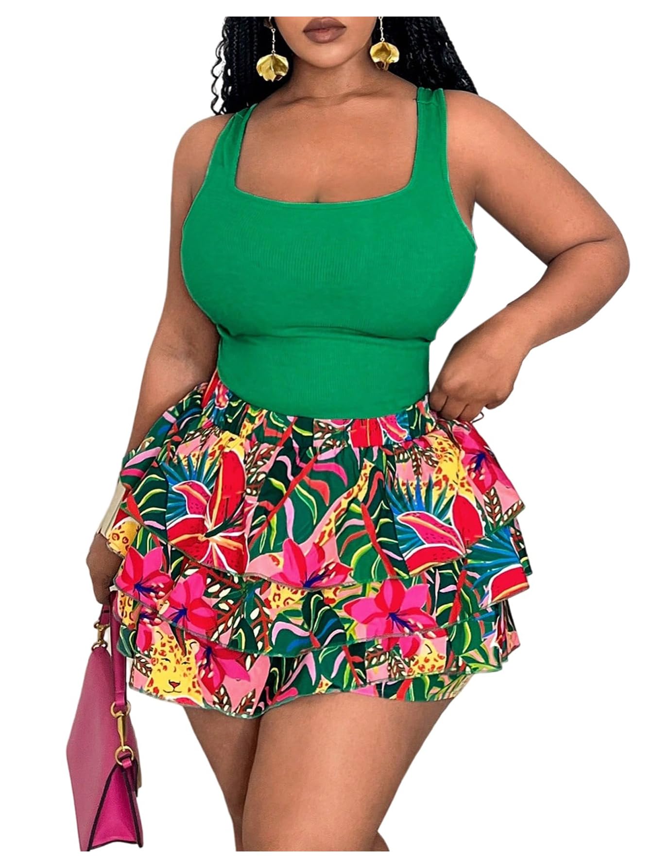 Women's Plus Size 2 Piece Summer Vacation Outfits Floral Print Tank Tops and Ruffle Layered Shorts Set