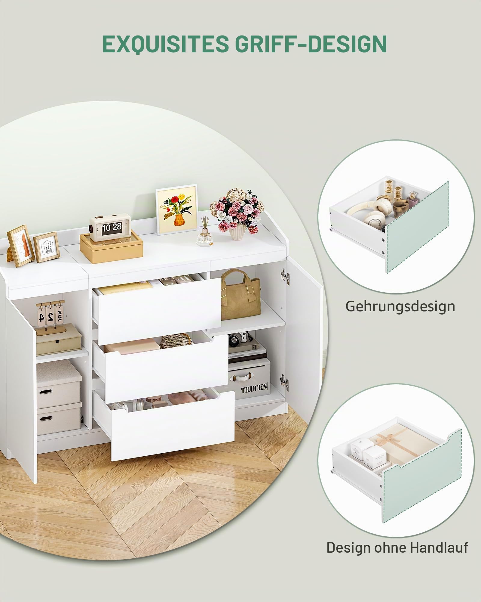 Hzuaneri Kommode, 3 Schubladen, 2 Türen, 40 x 140 x 87 cm, Weiß | Holz-Kommode, moderner Aufbewahrungsschrank für Schlafzimmer, Wohnzimmer, Büro, Eingangsbereich, DC12503X