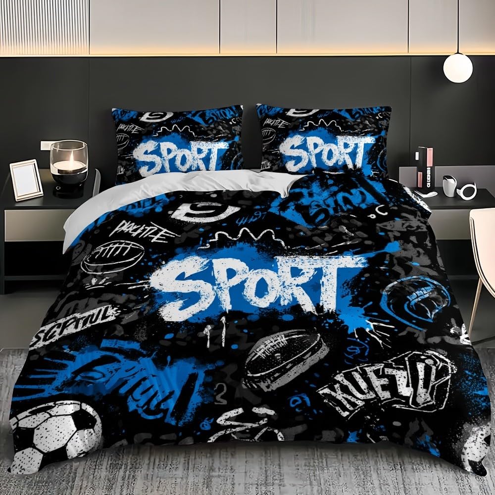 Pościel 200 x 200 cm, graffiti, na temat sportu, komplet pościeli, 100% mikrofibra, nie wymaga prasowania i nie gniecie się, można prać w pralce, niebieska, dwustronna pościel, z poszewką na poduszkę