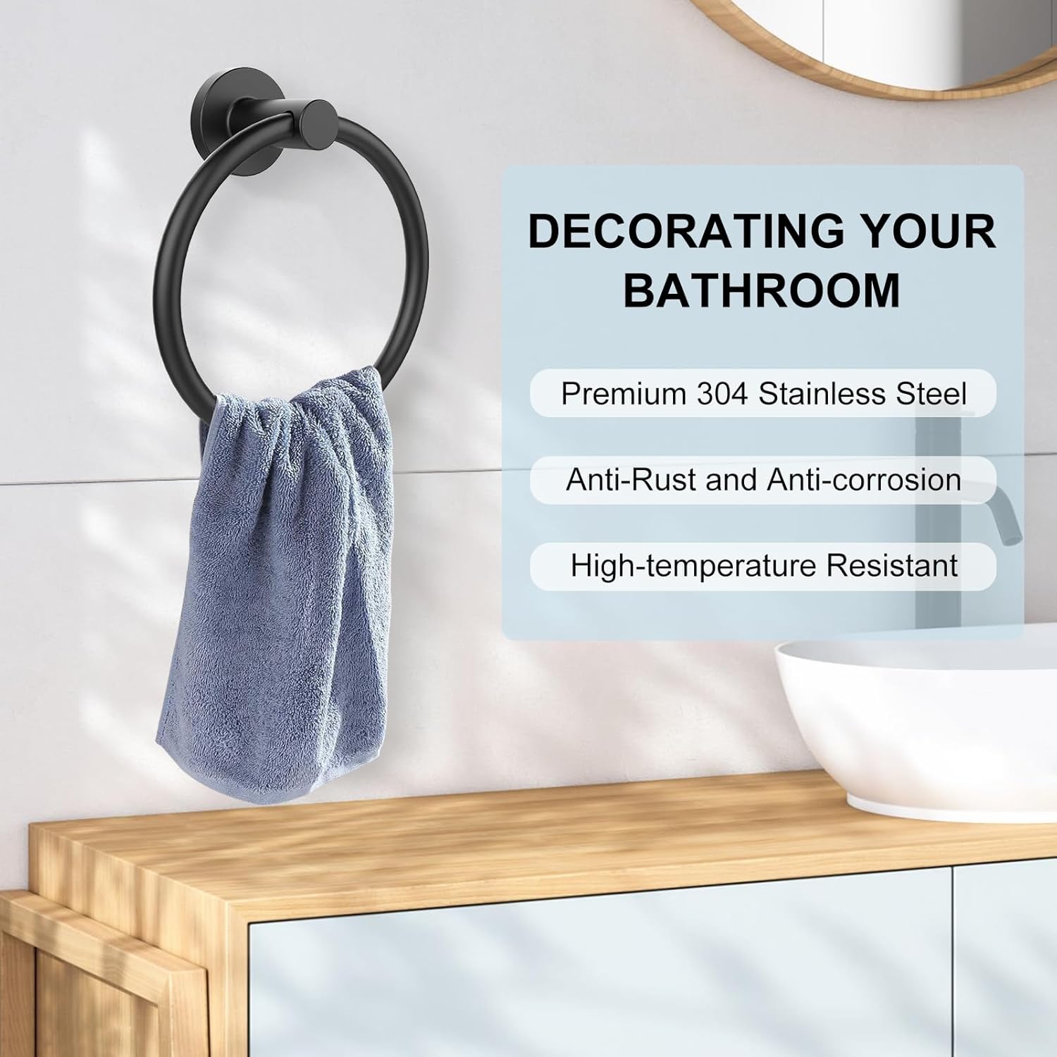 SetSail Towel Holder for Bathroom Wall Matte Black Stainless Steel Bathroom Accessories Set Includes Towel Ring and Toilet Paper Holder, Drill Hole