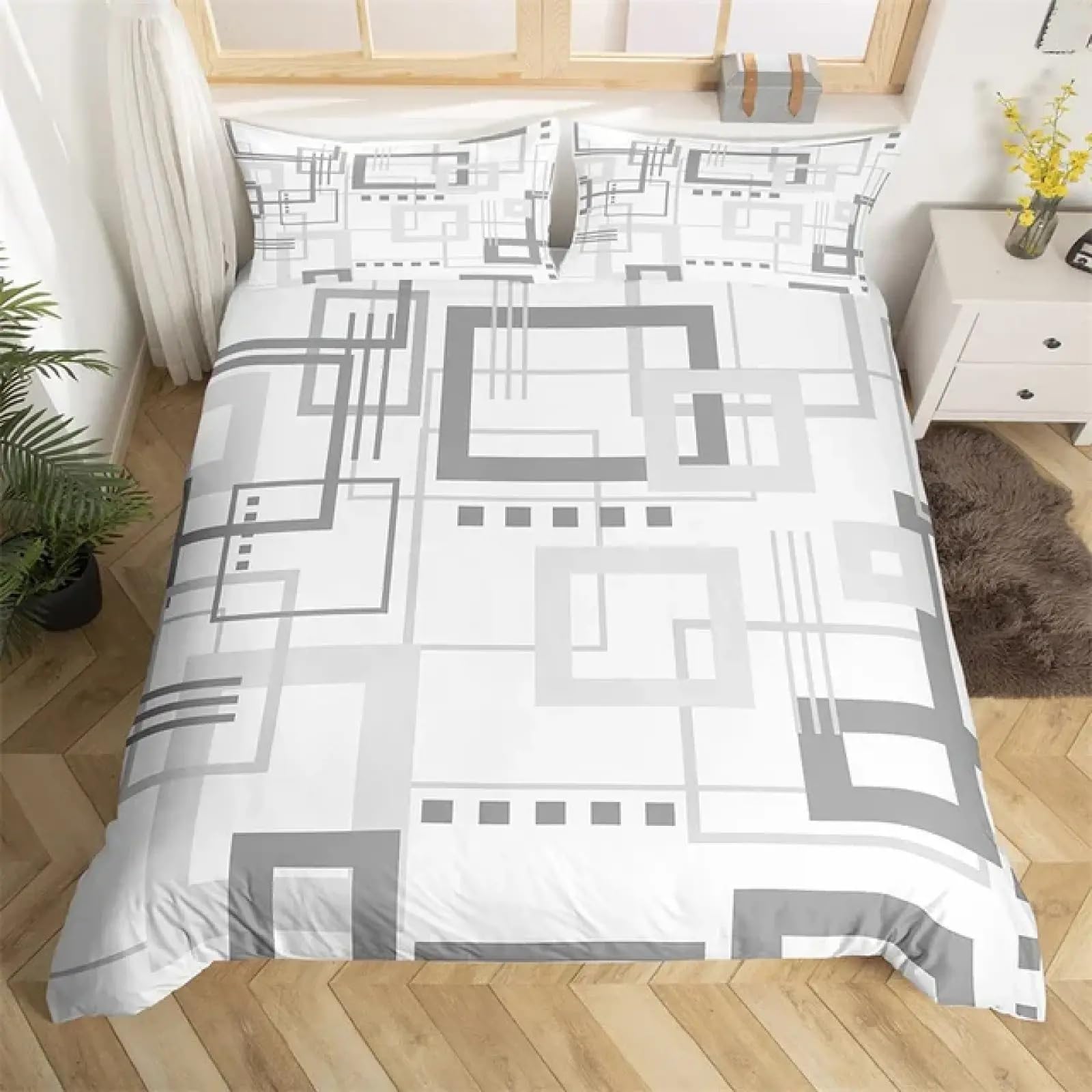 Grey Geometric Duvet Cover Modern Simple Bedding Set Lightweight Soft Comforter Cover for Kids Adults 160x200cm(63x79in)+80x80cm(31x31in)*2