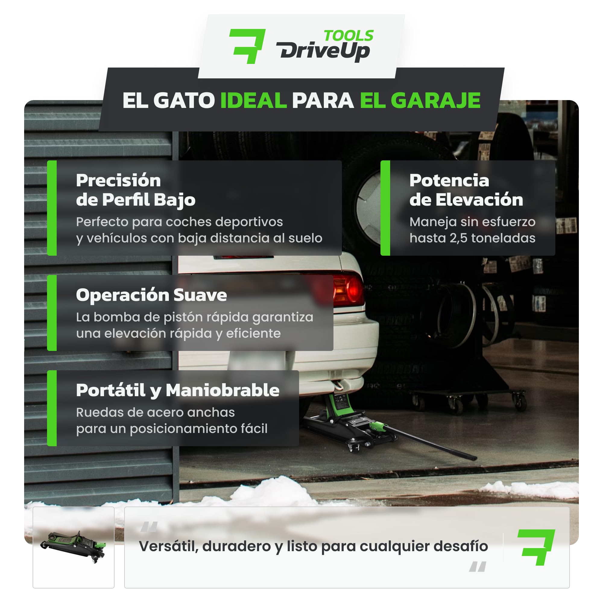 Gato hidraulico para Coche 2,5T. Gato Coche bajo Perfil Altura elevación 85-380mm con Almohadilla de Goma. Capacidad hasta 2500kg (Sin Maleta)