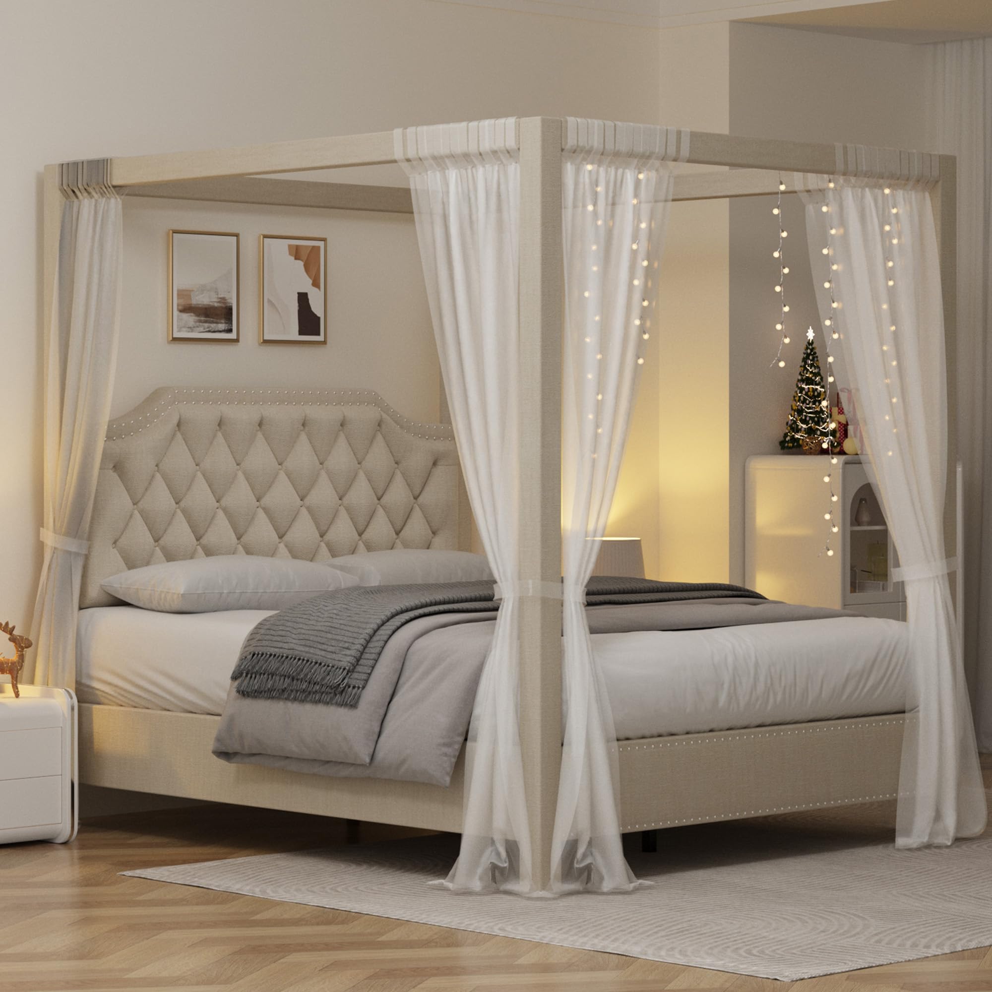 Photo 1 of IDEALHOUSE Full Size Canopy Bed Frame with Nailhead Decoration Headboard?Upholstered Bed Frame with Poles 4 Corner Bed Bracket,Solid Wood Slats Support,No Box Spring Needed,Noise Free,Gray