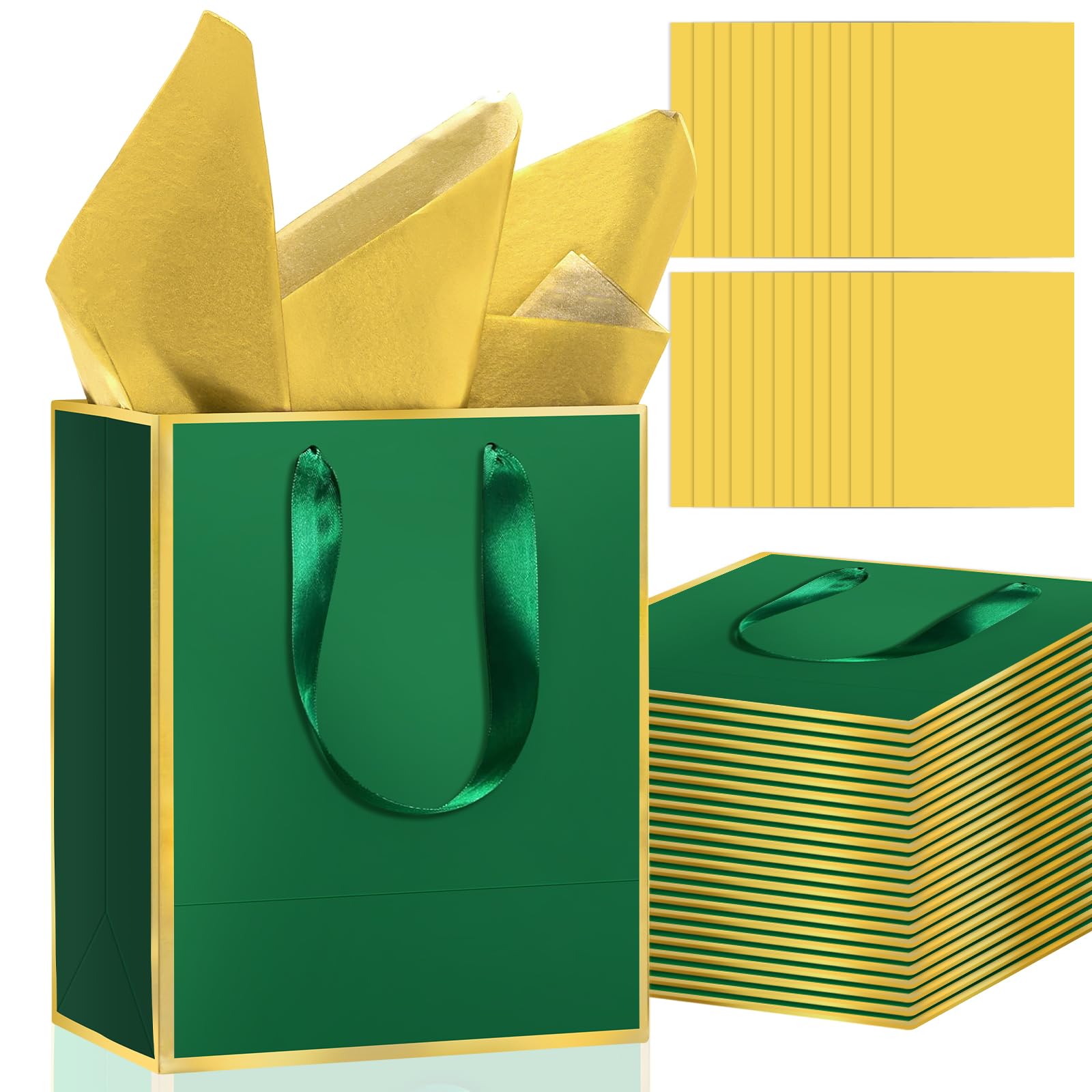 Epoesch 24Pcs Premium Gift Bags with Handles & Tissue Paper – 8"x5"x10" Green with Gold Edge –Thank You Bags for Father's Day, Birthdays Party, Wedding, Welcome Gift, Business
