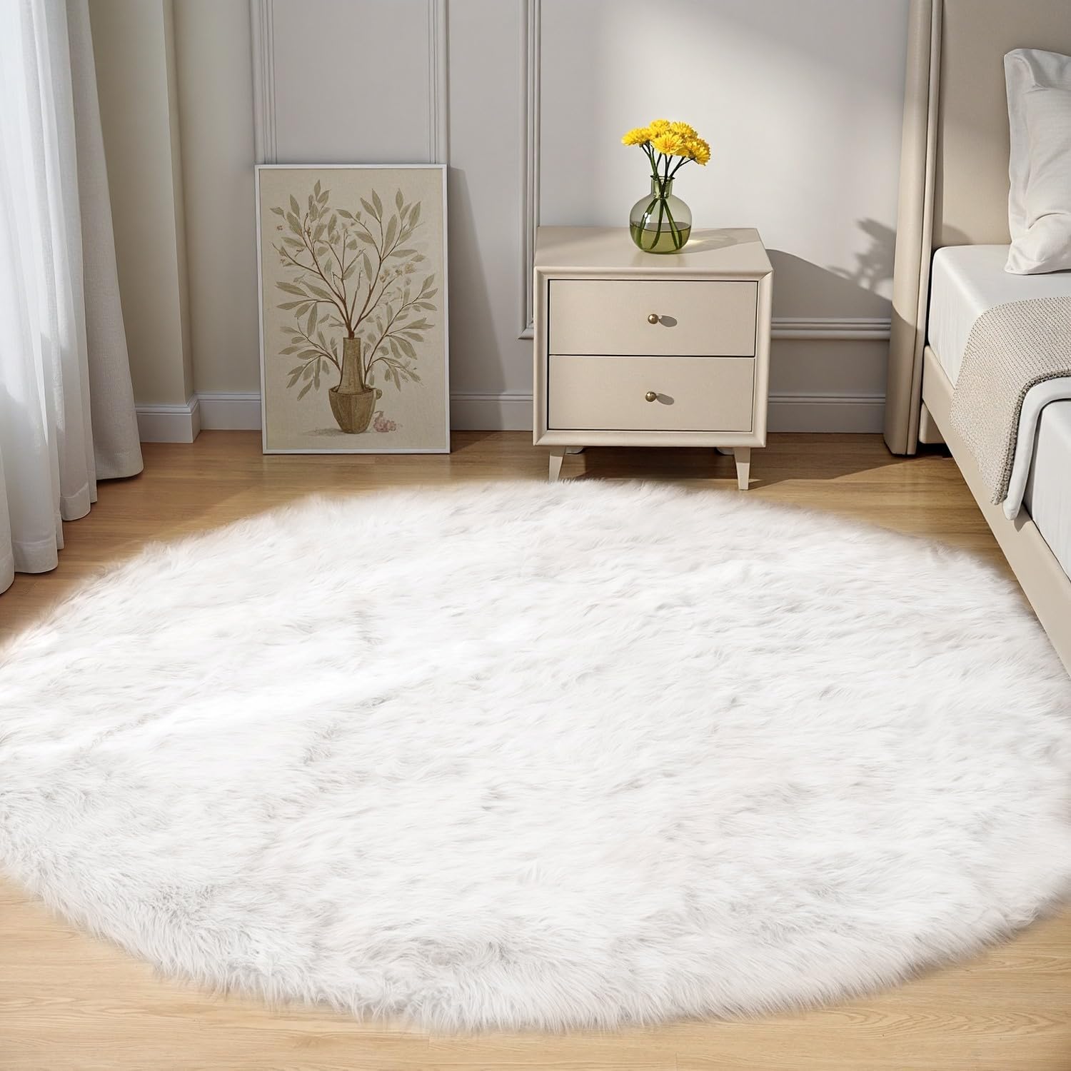 Goolela Runder Teppich Weiß 180 cm Wohnzimmer, Großer Flauschiger Hochflor Teppich aus Kunstfell