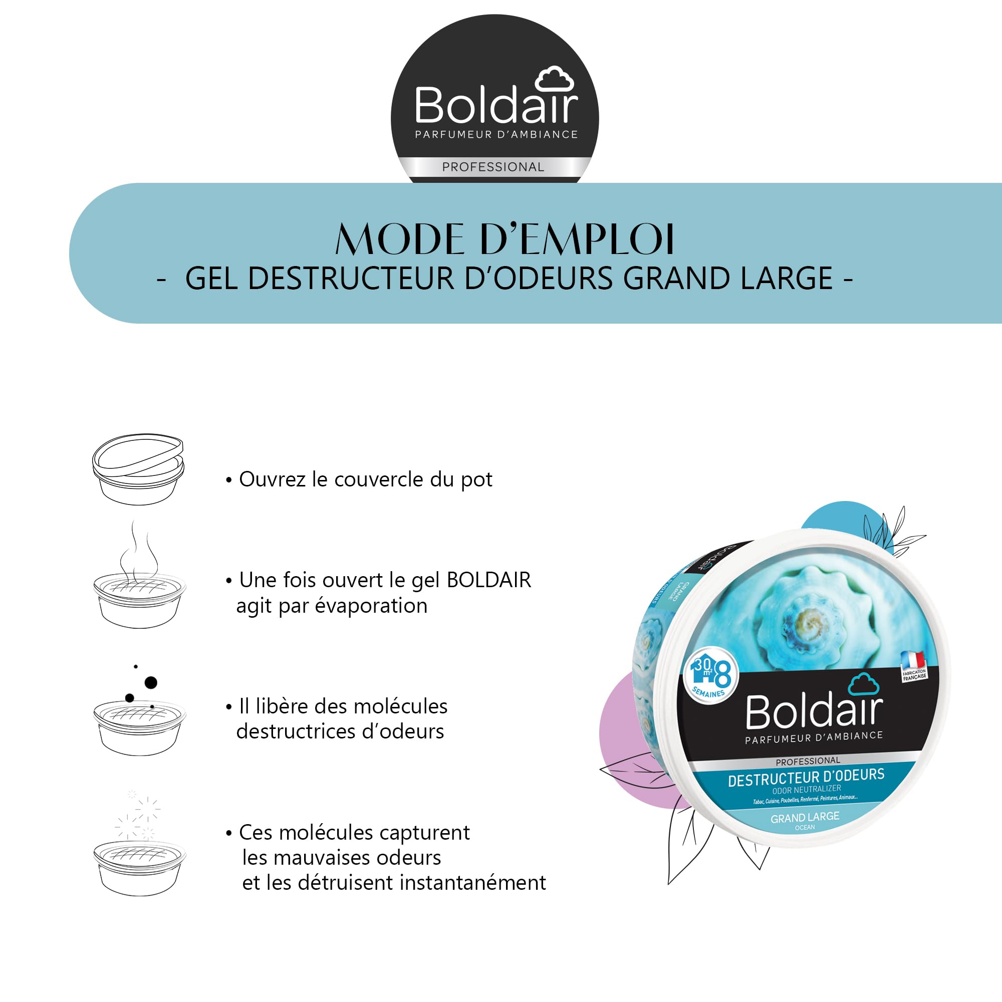 BOLDAIR - Gel eliminador de olores Marino - Neutraliza los olores - perfuma - Producto en gel sólido - Múltiples aplicaciones - 8 semanas de duración - 300 g - Fabricado en Francia