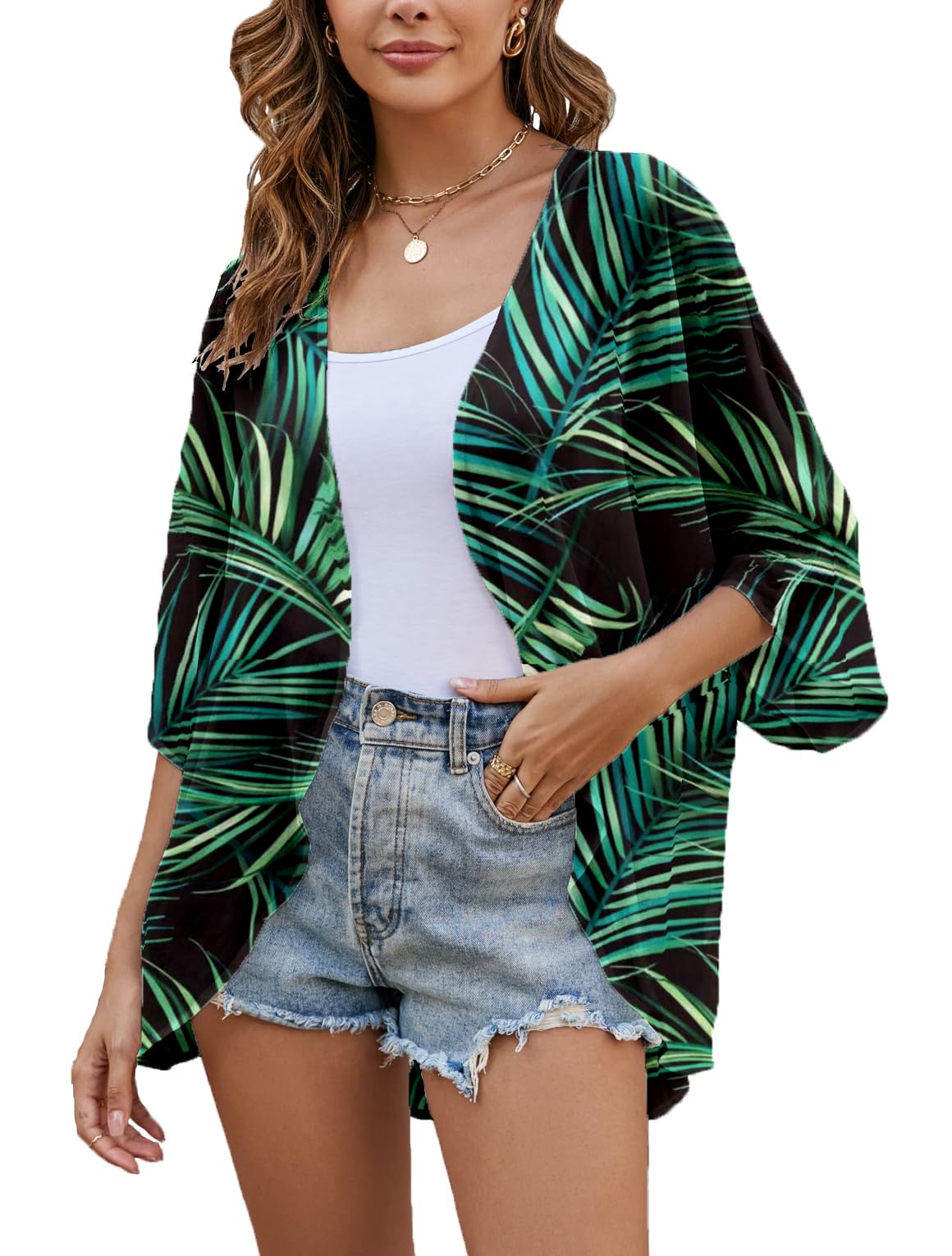 Heynino Damen Florale Chiffon Kimono Strickjacken offener Vorderseite 3/4 Hülse Strand Cover up Capes Schiere lose Bluse Tops