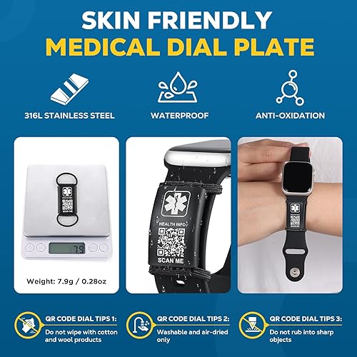 Miniatura 8 de Etiqueta de identificación de alerta médica para correa de reloj grabada con código QR, placa de seguridad para reloj inteligente deportivo, más