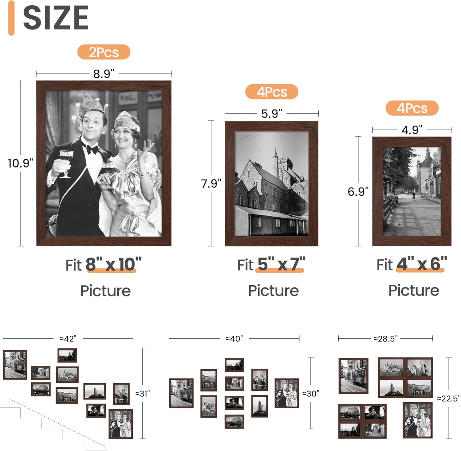 upsimples 10 Pack Picture Frames Collage Wall Decor for Mounting or Tabletop Display, Photo Gallery Frame Set for Family, Multi Sizes Including 8x10, 5x7, 4x6, Brown