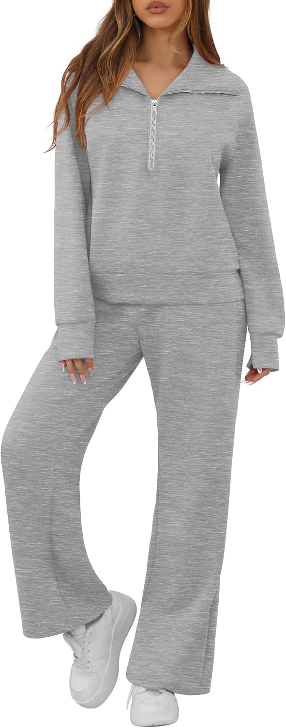 GRECERELLE Lounge Sets For Women 2026 Casual Lapel Half Zip Sweatshirt And Wide Leg Sweatpant 2 Piece Outfits Tracksuit Sets - Image 2