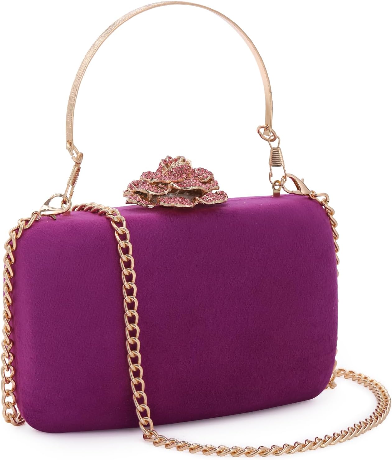 Women's Velvet Clutch Evening Bag Hard Shell with Flower Frame Clasp & Detachable Shoulder Chain for Wedding Prom Party