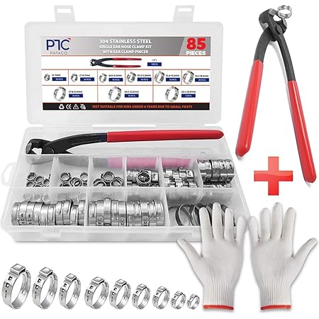 PATACO 85Pcs 304 Single Ear Hose Clamps Stainless Steel,6-25.6mm Stepless Hose Clamps with Oetiker Clamps Plier and Gloves,Cinch Rings Crimp Hose Clamps Assortment Kit for Pipe,Plumbing,Automotive Use