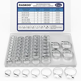 RASKOO 46PCS 304 Stainless Steel Worm Gear Hose Clamps Kit - 7 Adjustable Sizes 1/4"-1-1/2" (6-38mm) for Automotive, Plumbing, Fuel Lines