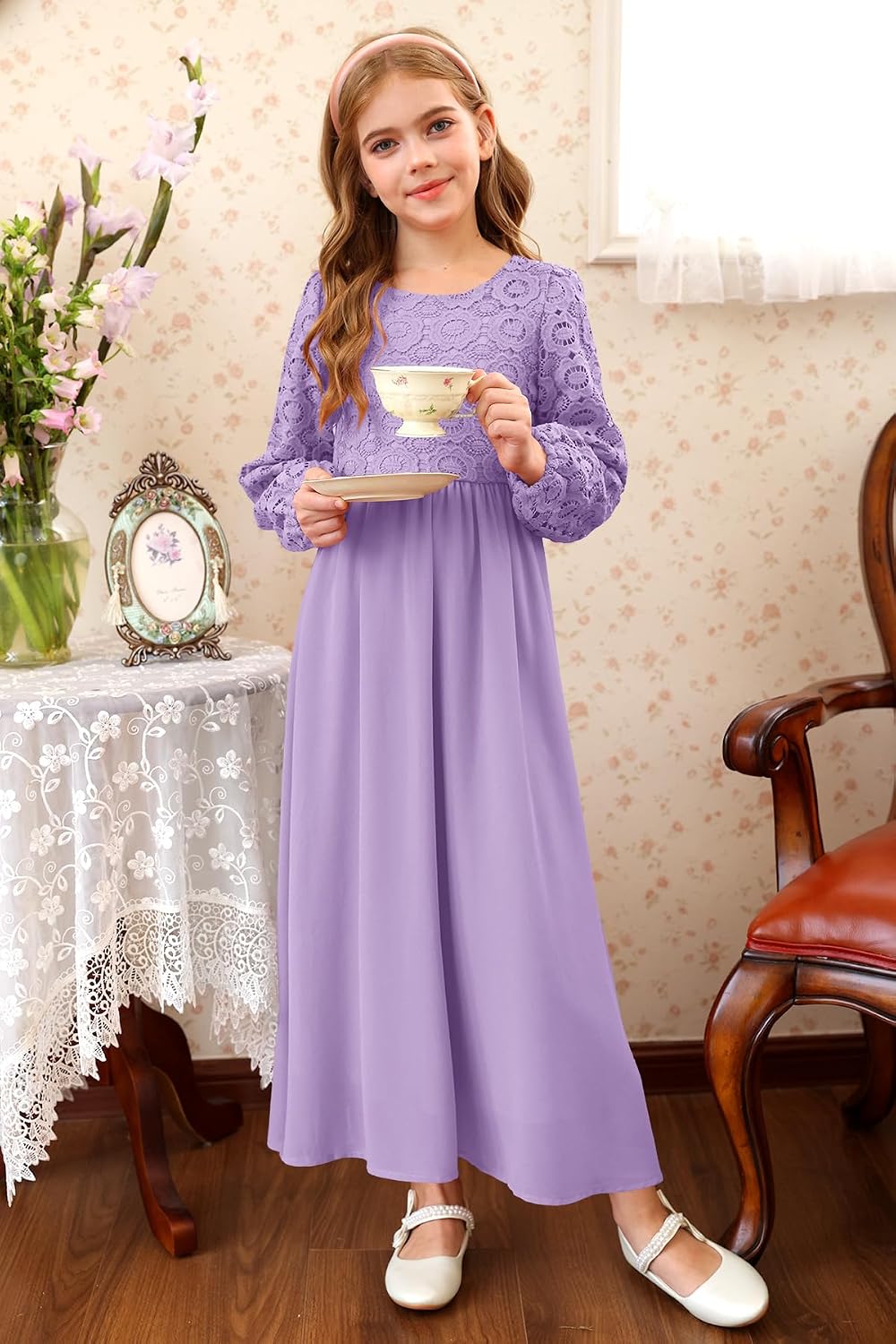 HOSIKA Girls Long Sleeve Maxi Dress Vintage Chiffon A-Line Formal Junior Bridesmaid Dresses for Fall Wedding Party