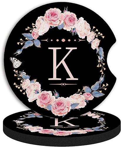 2 unidades de posavasos de coche con la letra K, posavasos absorbentes universales de neopreno con muesca para el dedo, accesorios de coche para