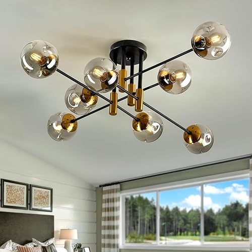 SZXYKEJI Lámpara de techo con forma de globo de cristal de 8 luces, color negro y dorado de mediados de siglo, lámpara Sputnik de montaje empotrado,