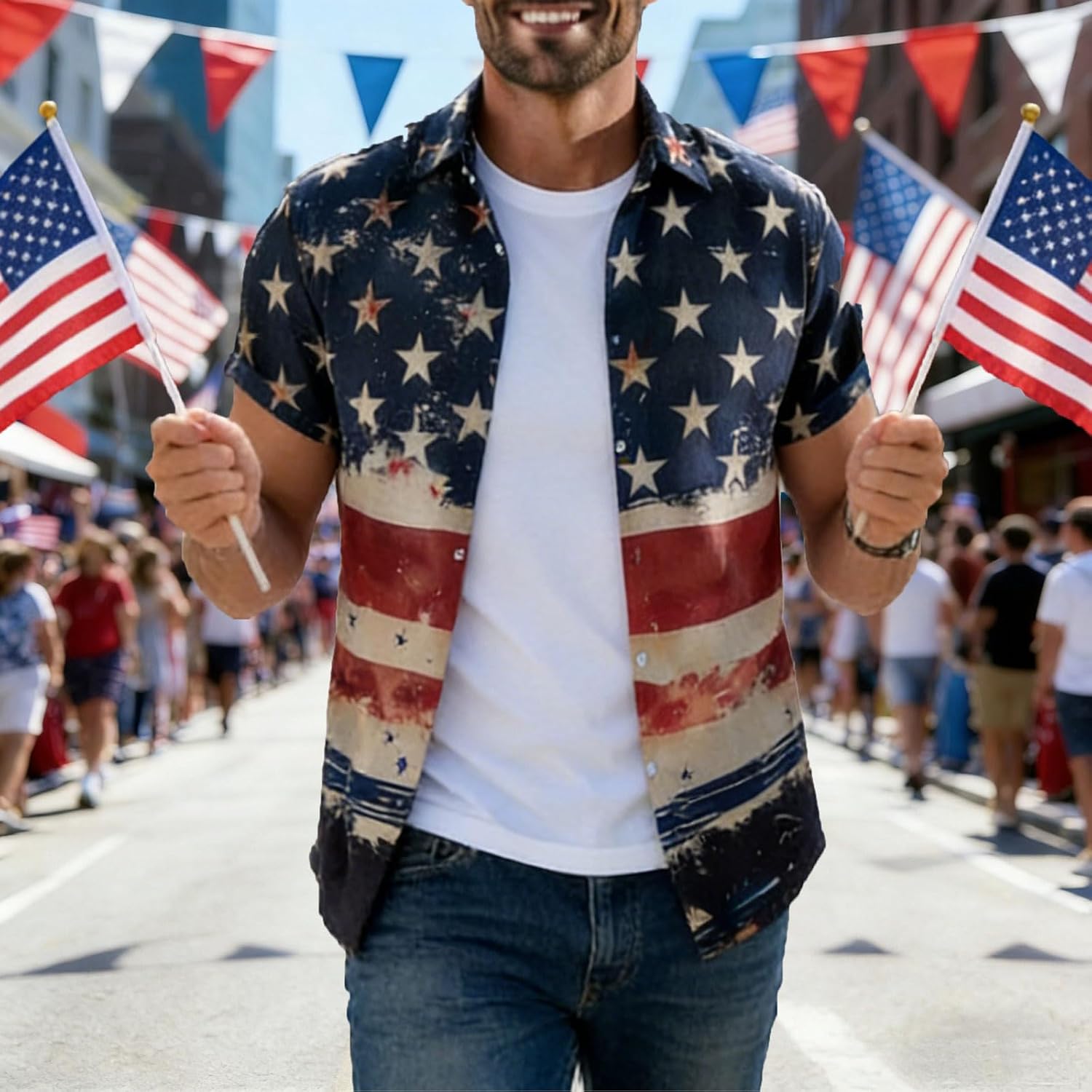 Men's American Flag Patriotic Button Down Shirts Short Sleeve 4th of July Summer Casual Hawaiian Shirt
