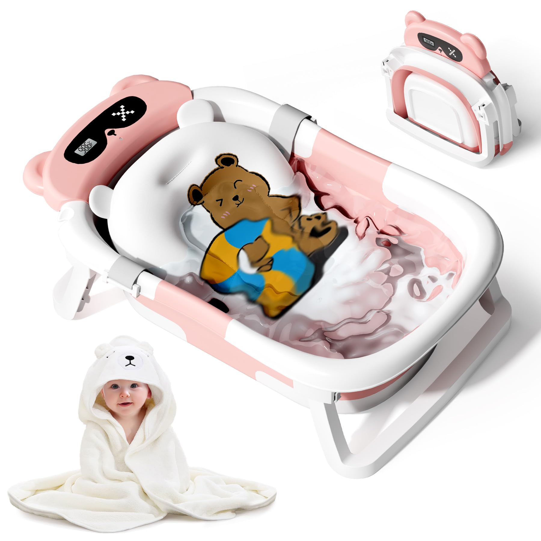 Kerbwry Collapsible Baby Bathtub for Newborn to Toddler (0-18 Months) - Foldable Baby Bath Tub with Soft Towel, Newborn& Infant Bathtub for Travel and
