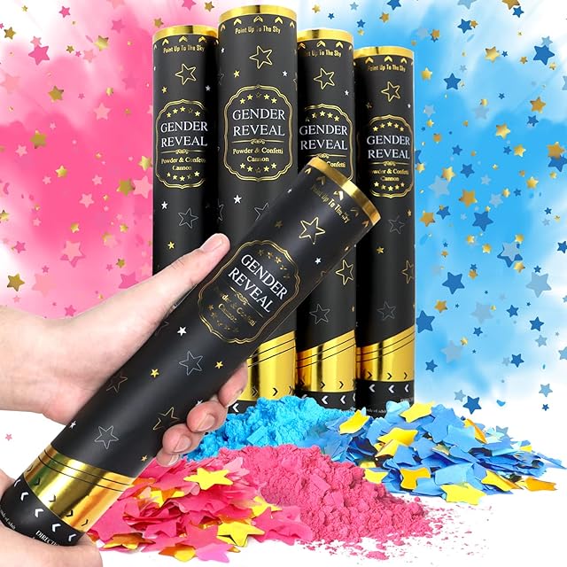 Heboland Gender Reveal Smoke Confetti Cannon, Set of 4 Boy or Girl 2Blue&2Pink Party Poppers, Filled with Safe Powder Smoke and Star Shaped Biodegradable Confetti