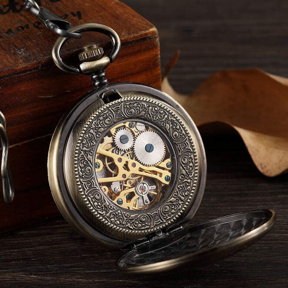 Double Sides Mechanical Pocket Watch Men Bronze Hollow Skeleton Mechanical Watches Clip Chains SteamPendant Gifts Pocket Watch Gifts for Family Decorate
